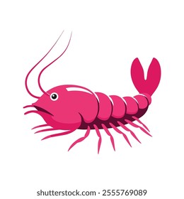 Shrimp Flat Vector Illustration, Simple Stylized Design, Bright Pink Body, Curved Tail, Minimalist Look, Clean Lines, White Background