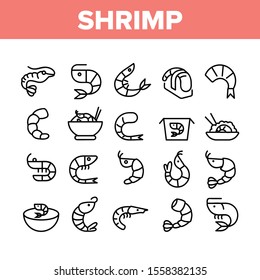 Shrimp Food Collection Elements Icons Set Vector Thin Line. Shrimp Fresh And Cooked, Sushi And Soup, Appetizer And Delicacy Concept Linear Pictograms. Monochrome Contour Illustrations
