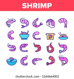 Shrimp Food Collection Elements Icons Set Vector Thin Line. Shrimp Fresh And Cooked, Sushi And Soup, Appetizer And Delicacy Concept Linear Pictograms. Color Illustrations