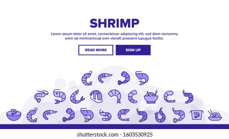 Shrimp Food Landing Web Page Header Banner Template Vector. Shrimp Fresh And Cooked, Sushi And Soup, Appetizer And Delicacy Illustration