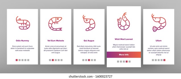 Shrimp Food Onboarding Mobile App Page Screen Vector. Shrimp Fresh And Cooked, Sushi And Soup, Appetizer And Delicacy Illustrations