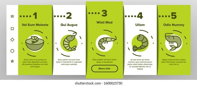 Shrimp Food Onboarding Mobile App Page Screen Vector. Shrimp Fresh And Cooked, Sushi And Soup, Appetizer And Delicacy Illustrations