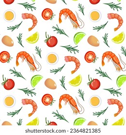 Shrimp and food in a pattern.Vector seamless pattern with shrimps, eggs, tomatoes and lemons on a transparent background.