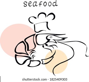 Vector de alimentos camaroneros de mano ahogó la ilustración y la inscripción aislados en fondo blanco. Concepto de logotipo, tarjetas, impresión, menú 