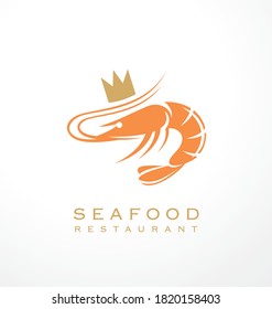 Shrimp graphic with golden crown symbol design. Logo template for seafood restaurant vector illustration.