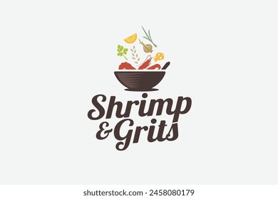 shrimp and grits logo with a combination of a bowl, shrimps, spices, and beautiful lettering. This logo is suitable for food trucks, restaurants, cafes, etc.