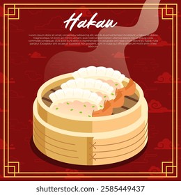 Shrimp Hakau in a bamboo steamer with a red cloud Chinese background vector illustration