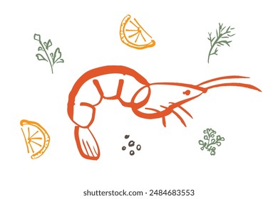 Shrimp hand drawn illustration. Seafood naive art. Shrimp with lemon and herbs. Ocean and sea delicacy. 