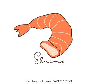Shrimp. Hand drawn lineart vector illustration and hand written inscription on white background. Sign for Label, Poster, menu. Japanese food, traditional food. Red cooked shrimp or prawns. Seafood.