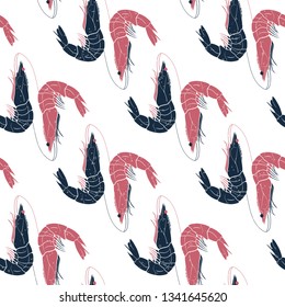 Shrimp hand drawn seamless pattern isolated on white background. Underwater sea animal themes design for print, infographics, food packaging, seafood menu.