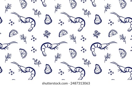 Shrimp hand drawn seamless pattern. Seafood naive art. Shrimp with lemon and herbs. Ocean and sea delicacy. Blue outline illustration. Mediterranean food.