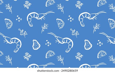 Shrimp hand drawn seamless pattern. Seafood naive art. Shrimp with lemon and herbs. Ocean and sea delicacy. Blue outline illustration. Mediterranean food.