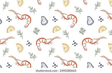 Shrimp hand drawn seamless pattern. Seafood naive art. Shrimp with lemon and herbs. Ocean and sea delicacy. Blue outline illustration. Mediterranean food.