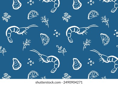 Shrimp hand drawn seamless pattern. Seafood naive art. Shrimp with lemon and herbs. Ocean and sea delicacy. Blue outline illustration. Mediterranean food.