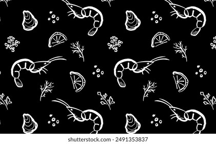 Shrimp hand drawn seamless pattern. Seafood naive art. Shrimp with lemon and herbs. Ocean and sea delicacy. White outline illustratio on black backgound. Mediterranean food.