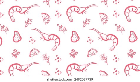 Shrimp hand drawn seamless pattern. Seafood naive art. Shrimp with lemon and herbs. Ocean and sea delicacy. Blue outline illustration. Mediterranean food.