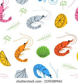 Shrimp with herbs seamless pattern. Colored shrimp prawn background. Shrimp prawn with lemon slices and rosemary. Fresh prawn seafood pattern