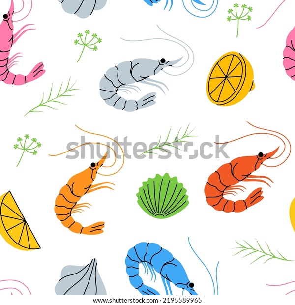 Shrimp with herbs seamless pattern. Colored\
shrimp prawn background. Shrimp prawn with lemon slices and\
rosemary. Fresh prawn seafood\
pattern