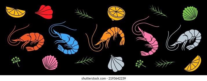 Shrimp horizontal banner for meal menu. Seafood dish with herbs seasoning. Shrimp prawn with lemon slices and garlic. Fresh seafood illustration