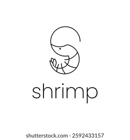 Shrimp with icon or logo shape, black outline style with text, flat design.