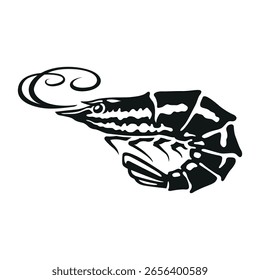 Icono de camarón sobre fondo blanco, que muestra las características distintivas de esta criatura, lo que lo hace adecuado para temas culinarios o menús de mariscos.