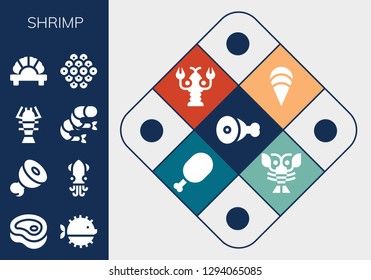  shrimp icon set. 13 filled shrimp icons. Simple modern icons about  - Meat, Puffer fish, Squid, Lobster, Shrimp, Dumpling, Caviar, Clam