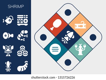 shrimp icon set. 13 filled shrimp icons.  Collection Of - Squid, Shrimp, Lobster, Sushi, Meat, Anglerfish, Tuna