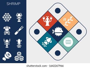 shrimp icon set. 13 filled shrimp icons.  Simple modern icons such as: Puffer fish, Meat, Sushi, Lobster, Squid, Caviar, Shrimp