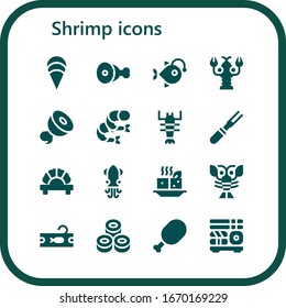 conjunto de iconos de camarón. 16 iconos de camarón rellenos. Incluidos los íconos de almejas, carnes, pescados y mariscos, langostas, camarones, remolcadores, calamares, tofu, atún, sushi