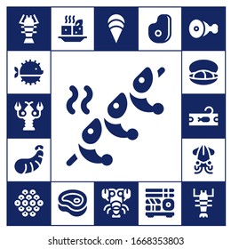 shrimp icon set. 17 filled shrimp icons.  Simple modern icons such as: Lobster, Puffer fish, Shrimp, Mussel, Tuna, Squid, Caviar, Tofu, Meat, Clam, Sushi