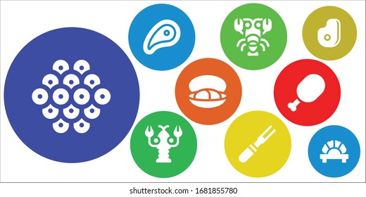 shrimp icon set. 9 filled shrimp icons.  Simple modern icons such as: Caviar, Meat, Lobster, Mussel, Dumpling