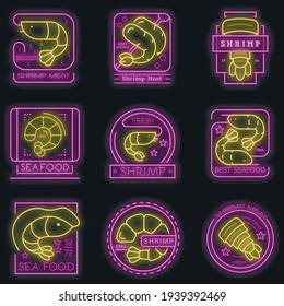 Shrimp icon set. Outline set of shrimp vector icons neon color on black