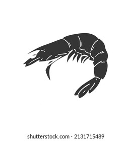 Shrimp Icon Silhouette Illustration. Crustacean Seafood Protein Vector Graphic Pictogram Symbol Clip Art. Doodle Sketch Black Sign.