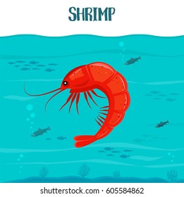 Shrimp icon. Vector illustration. Red shrimp isolated on blue water background. Seafood. Prawn in sea. Cartoon shrimp in flat style. For restaurant menu, infographics, logo, packaging design, poster.