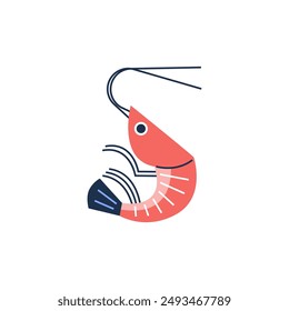 Icono de camarón. Langostino entero con antenas, patas y cola. Lindo dibujo de camarón fauna marina, fauna oceánica o marina. Ilustración plana de Vector aislada sobre fondo blanco. Alimentos marinos frescos