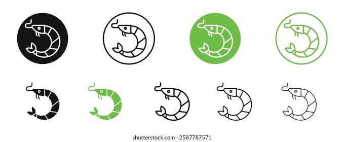 Shrimp icons in black and green colors collection