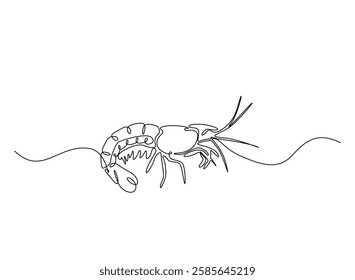 Shrimp illustration in continuous one line drawing. Prawn in one line draw. Editable vector.