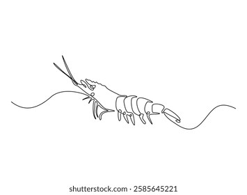 Shrimp illustration in continuous one line drawing. Prawn in one line draw. Editable vector.