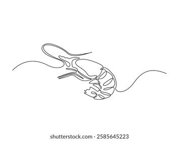 Shrimp illustration in continuous one line drawing. Prawn in one line draw. Editable vector.