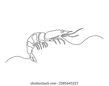 Shrimp illustration in continuous one line drawing. Prawn in one line draw. Editable vector.