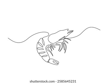 Shrimp illustration in continuous one line drawing. Prawn in one line draw. Editable vector.