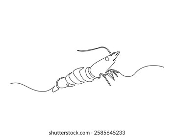 Shrimp illustration in continuous one line drawing. Prawn in one line draw. Editable vector.