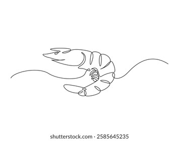 Shrimp illustration in continuous one line drawing. Prawn in one line draw. Editable vector.