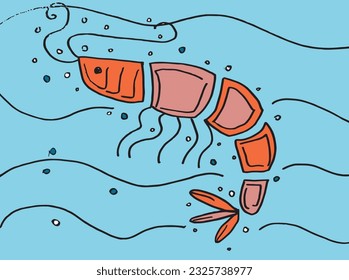 Shrimp illustration image. 
Hand drawn image artwork of a crab. 
Simple cute original logo.
Hand drawn vector illustration for posters, cards, t-shirts.