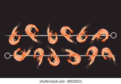 Shrimp kebabs isolated on black background. EPS10 vector format.