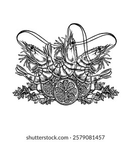 Shrimp with lemon and herbs. A hand-drawn vector graphic illustration. Black and white image of seafood. On a white background. For menus, recipe books, packages, labels.