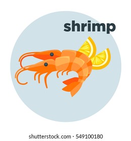 Shrimp with lemon illustration in cartoon style. Red prawn - fresh seafood in restaurant for gourmet. Vector icon of food of sea or ocean isolated on white background.