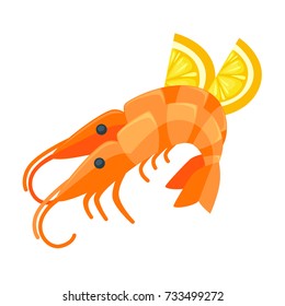 Shrimp with lemon illustration in cartoon style.