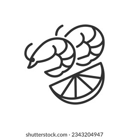 Garnelen mit Zitrone, lineares Symbol. Linie mit bearbeitbarem Hub