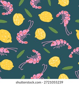 Camarón y limón sin patrón sobre fondo verde azulado oscuro. Diseño de marisco mediterráneo dibujado a mano en estilo nativo con cítricos y hojas.